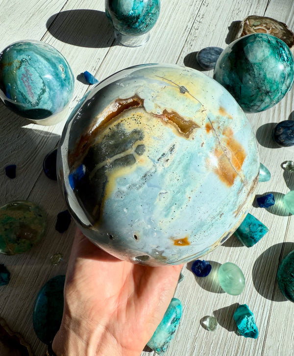 高品質 オーシャンジャスパー ブルー瑪瑙共生スフィアNo.2762 RARE: Massive 6.5+lb Blue Ocean Jasper Sphere from Madagascar