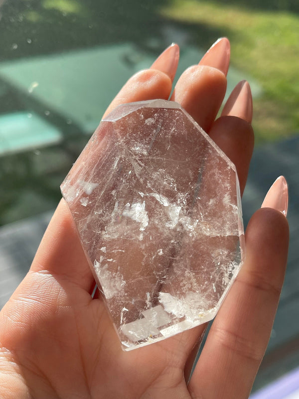 Unique faceted Clear Quartz with Rainbows from Brazil, Natural Crystal, Polished Crystal, Carved Quartz, Quartz Palm, Faceted Quartz