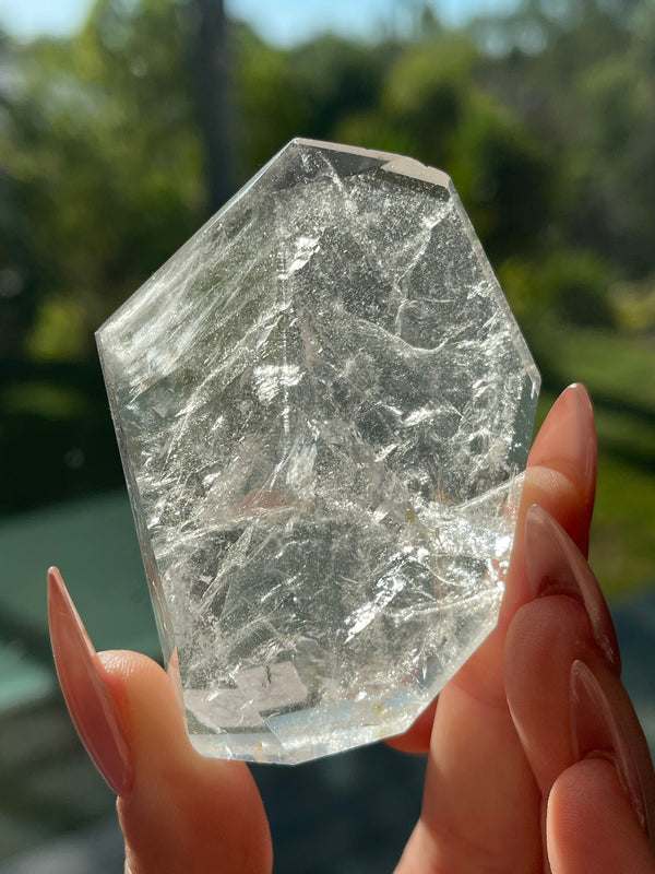 Unique faceted Clear Quartz with Rainbows from Brazil, Natural Crystal, Polished Crystal, Carved Quartz, Quartz Palm, Faceted Quartz
