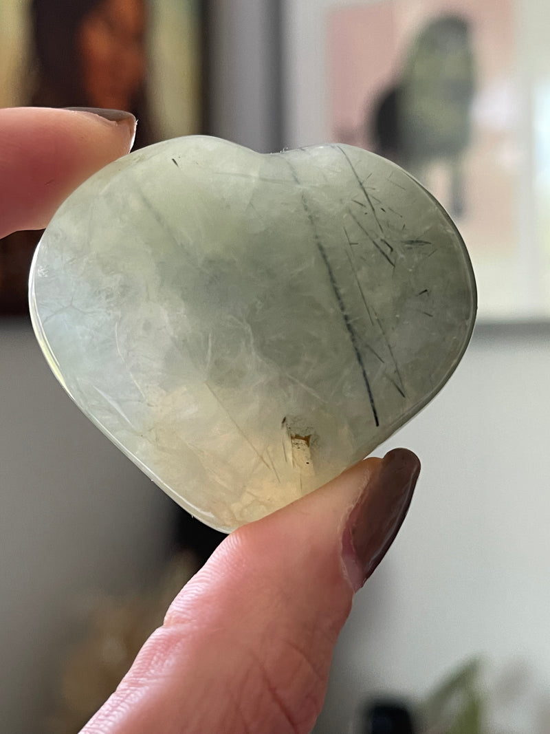 Prehnite with Epidote and Actinolite Heart from India, Prehnite Heart, Epidote Heart, Actinolite Heart, Crystal Heart, Green Crystal Heart