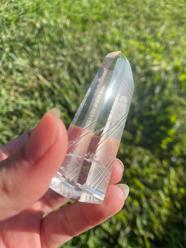 Semi-Polished AAA Grade Lemurian Tower with hand-carved unique engravings
