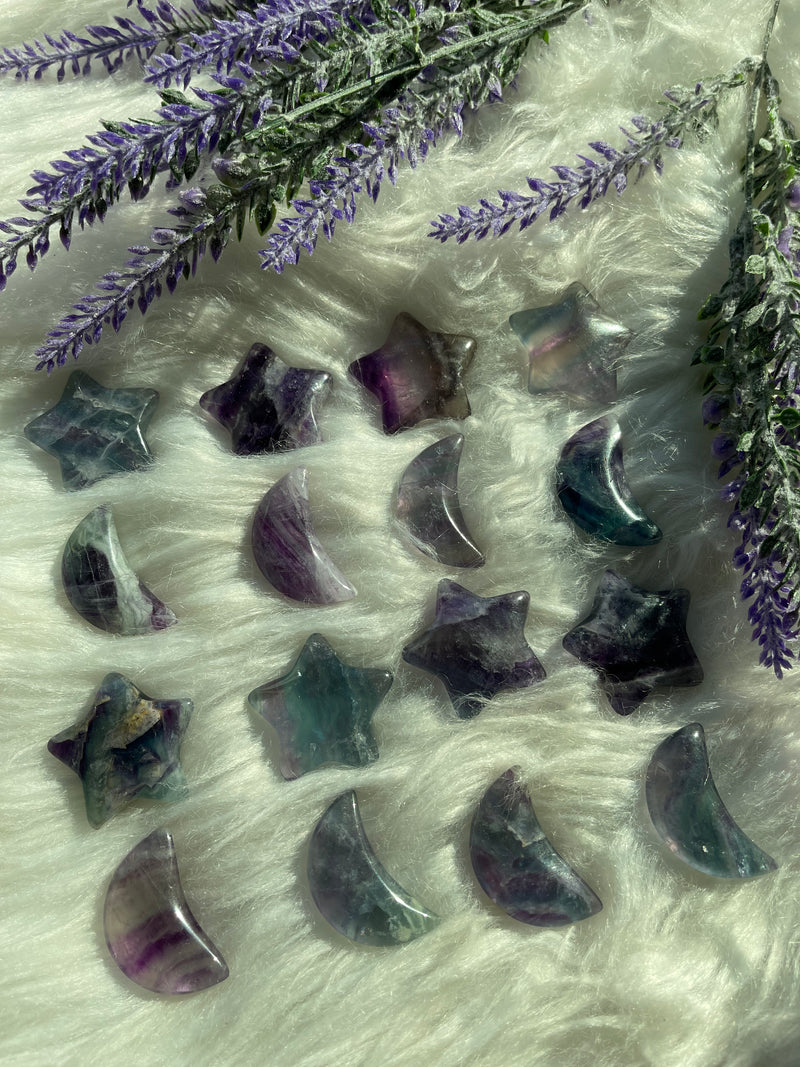 Rainbow Fluorite Star & Moon Set