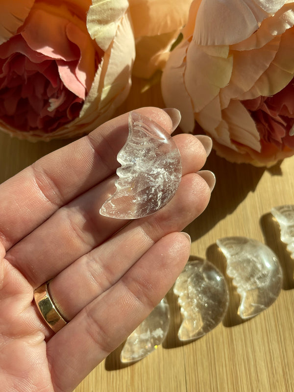 Clear Quartz Moon with face carving